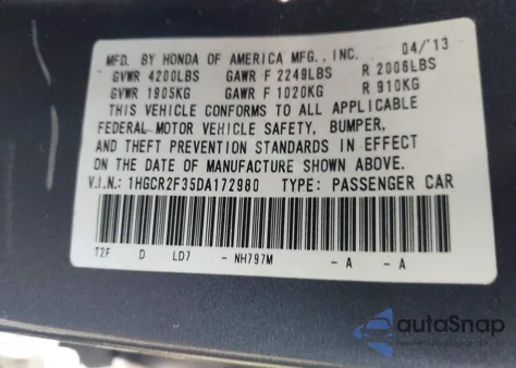 2013 Honda Accord Lx z USA, uszkodzony, nr VIN 1HGCR2F35DA172980